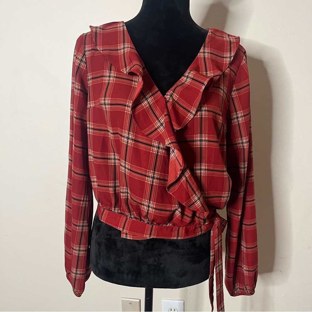 LUMIERE Women’s Rust Plaid V~Neck Ruffle Collar Balloon Sleeve Wrap Blouse Sz M